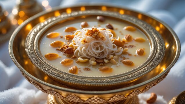 Traditional Dessert in Ornate Bowl Topped with Nuts and Vermicelli Noodles