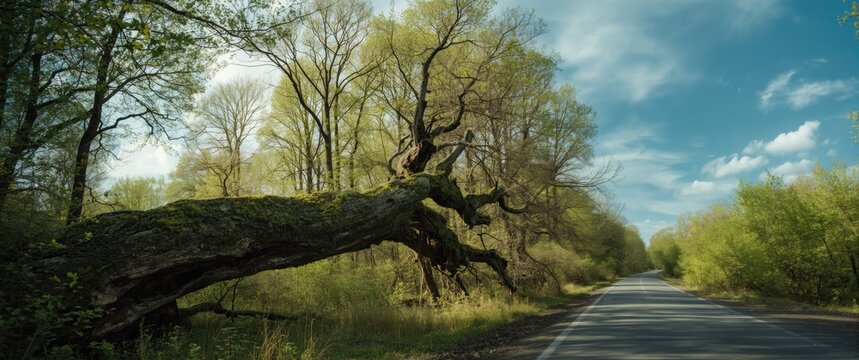Fallen Tree Next to a Country Road Surrounded by Green Foliage Under a Clear Blue Sky