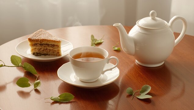 Tea and Slice of Cake on a Wooden Table with Fresh Green Leaves and Soft Light