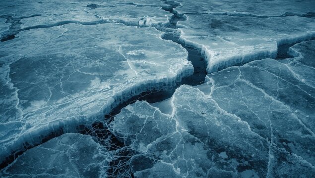 Cracked Ice Surface in Deep Blue Tones During Winter