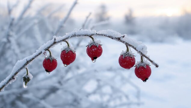 Frosty Red Berries on a Snow-Covered Branch in a Winter Landscape