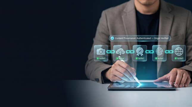 Digital content provenance verification dashboard on tablet with holographic authentication chain, showing media origin, watermark verification, fingerprint validation and trusted publishing with copy