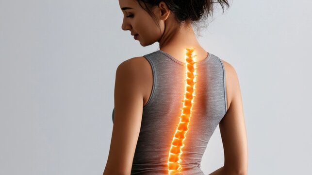 Woman from behind with illuminated spine showing back anatomy