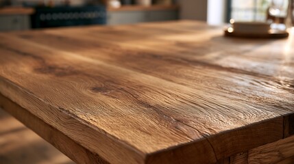Fototapeta premium Rustic brown wooden dining table surface close up.