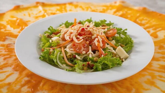 Fresh Salad with Vegetables and Cheese on a White Plate Surrounded by Orange Sauce