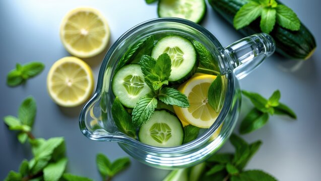 A top view of a glass jug containing water, mint, and cucumbers.