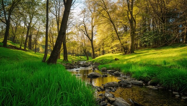 Lush Green Meadow with a Bubbling Stream and Sunlit Trees in Spring