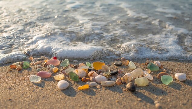 Colorful Sea Glass and Shells on Sandy Beach Shoreline with Gentle Wave Action