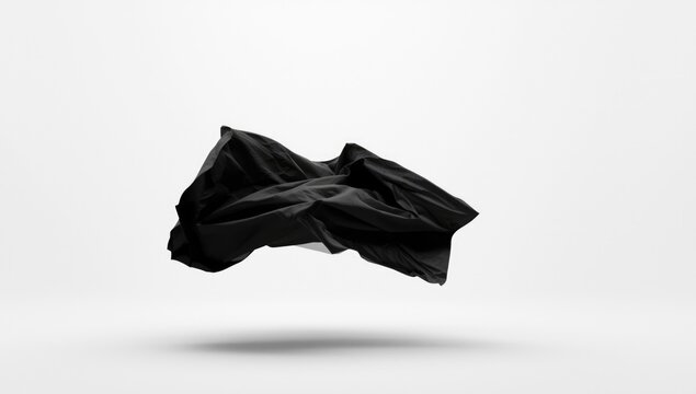 Black Fabric Draped Abstractly in Air on White Background