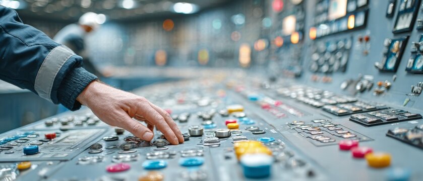 A close-up view of a hand operating a complex control panel filled with colorful buttons and switches in an industrial setting.