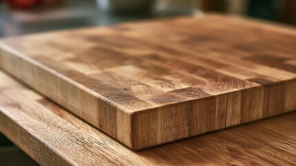 Fototapeta premium Close up of a thick wooden cutting board on a kitchen counter.