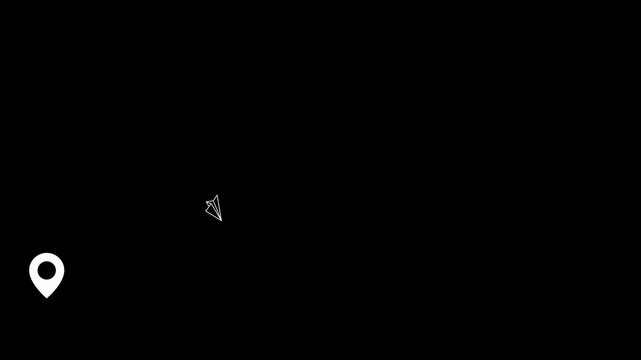 white map pin markers horizontal layout loop, elegant paper airplane flight path icon with modern navigation symbol, isolated graphic asset on black background 4k.