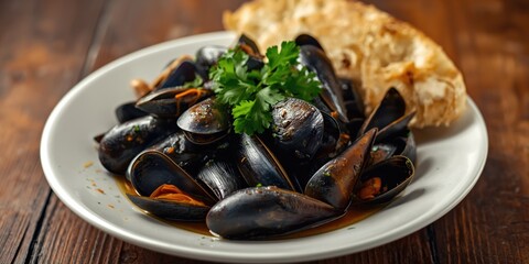 Fototapeta premium Steamed Mussels with Fresh Parsley and Bread on a Rustic Wooden Table