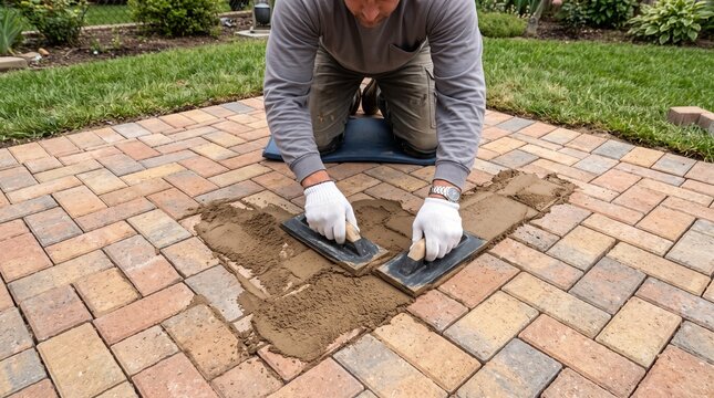 Man installing polymeric sand between brick pavers on a patio