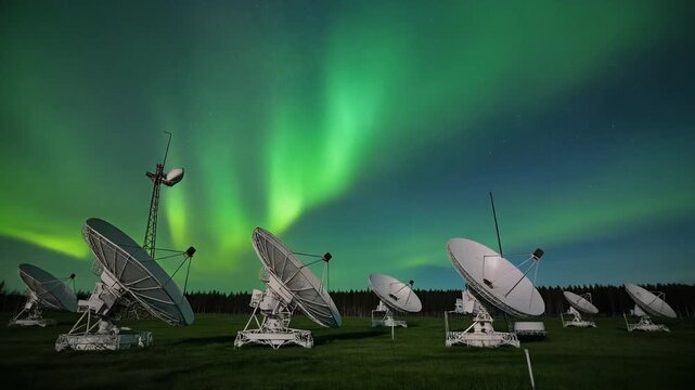 A vast array of radio telescopes meticulously scans the celestial expanse beneath the breathtaking, vibrant dance of the aurora borealis painting the night sky with ethereal green luminescence