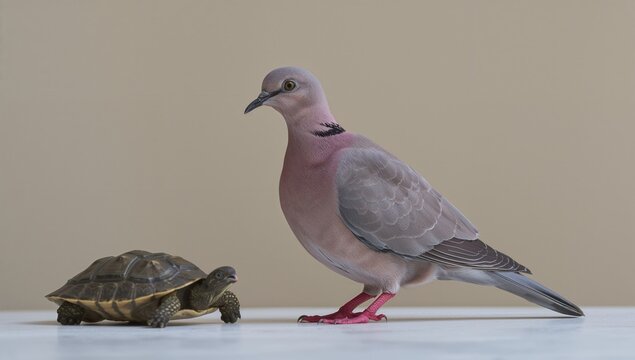 Pigeon and Tortoise in a Minimalistic Setting with Soft Lighting