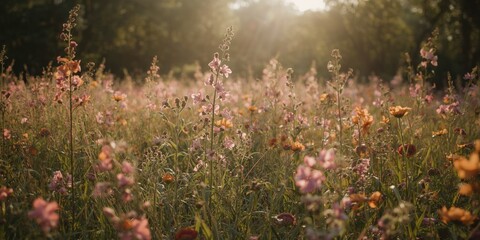 Obraz premium Sunlit Flower Field with Wildflowers Blooming at Sunset in Warm Glow