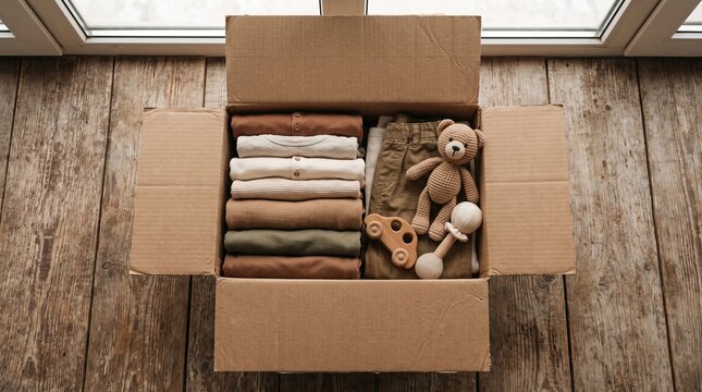 Cardboard box filled with folded clothes, baby toys, and teddy bear on wooden floor, ready for donation or charity