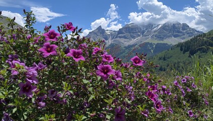 Obraz premium Purple Flowers Blooming in a Mountain Meadow Under a Blue Sky