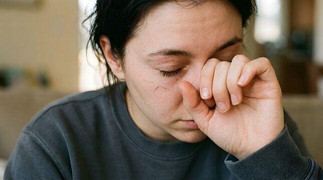 Woman rubbing her tired eyes due to severe fatigue
