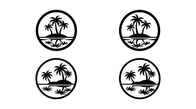 Black and white circular tropical island palm tree logos.