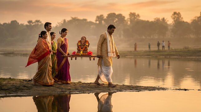 Indian family carrying a Ganesha idol for immersion at sunrise.