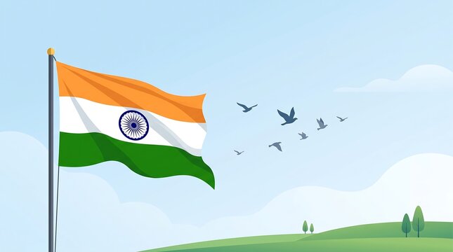 India Independence Day background with national flag waving on flagpole under blue sky with birds