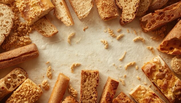 Overhead image of assorted sliced bread pieces arranged to reveal contrasting textures and colors on a white background