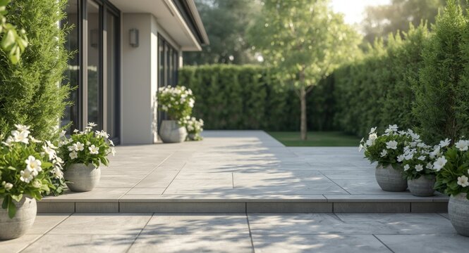 Modern Patio with Flower Pots in Bright Daylight