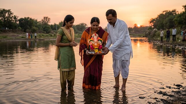 Indian Family Performing Ganesh Visarjan Ritual in River at Sunset.