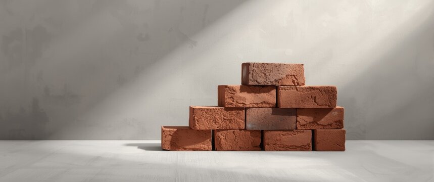 Stacked Red Bricks on a Wooden Surface with Soft Light Shadows