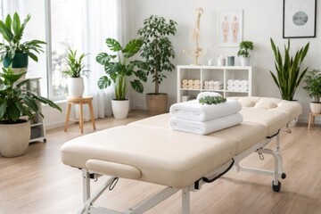 Fototapeta premium Massage Table Ready for Use in a Wellness Space with Green Plants