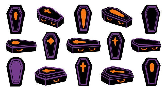 Assorted coffins in vibrant colors a halloween themed silhouette