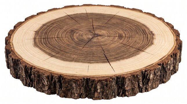 Natural Cross Section of a Tree Trunk with Bark and Annual Growth Rings on White Background