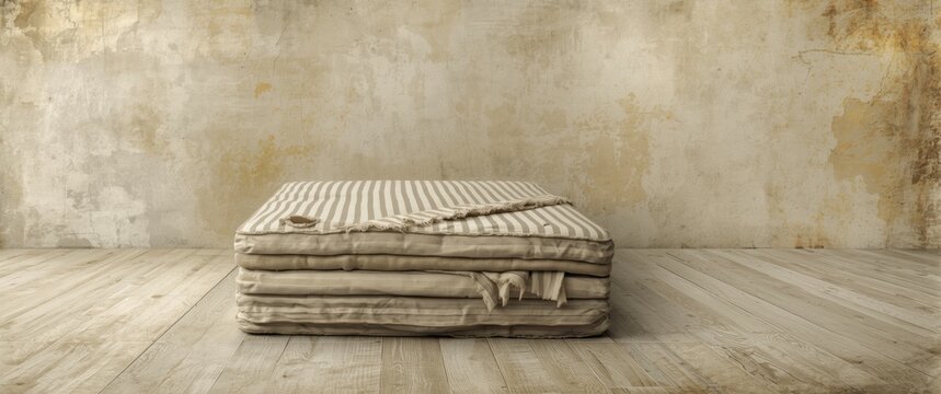 Stacked Mattress on Wooden Floor Against Rustic Wall in Soft Lighting