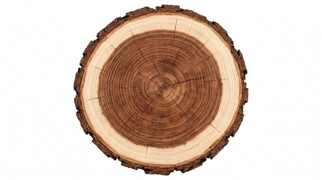 Circular wooden log slice cross section revealing detailed growth rings and aged bark texture on a clean white backdrop
