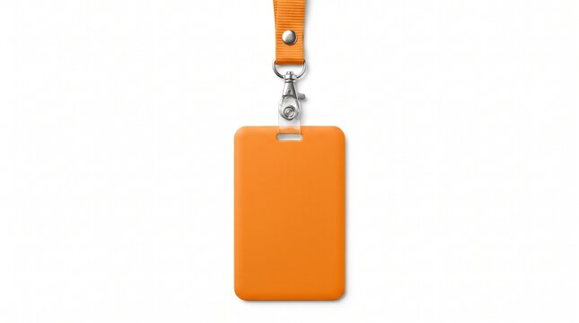 Blank orange plastic ID badge holder with matching lanyard neck strap isolated on white background