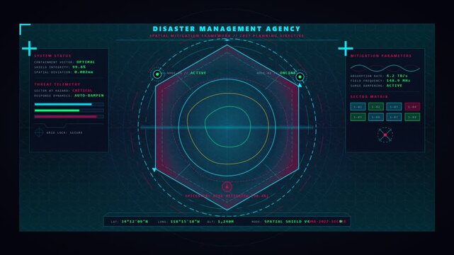 Futuristic sci fi hud interface displaying disaster management data and geometric radar