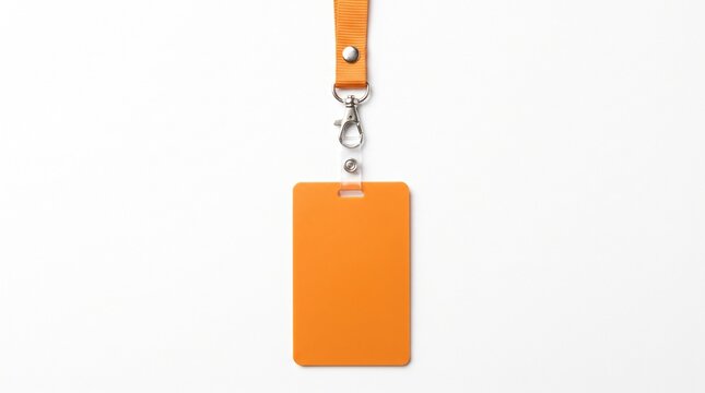 Blank orange ID card badge holder with lanyard hanging on white background for business identification mockup