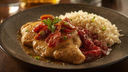 Fototapeta premium Grilled Chicken Breast Topped with Cherry Tomatoes and Served with Rice on a Plate