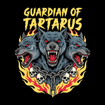 Three headed hellhound mythological beast with fire and skulls illustration