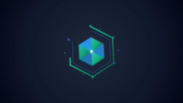 Abstract digital hexagon shape with glowing lines on a dark blue background.