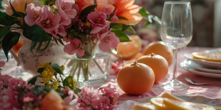 Elegant Floral Arrangement with Fresh Citrus Fruits on a Table Set for Dining in Soft Morning Light