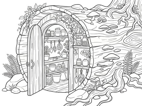 Whimsical hobbitstyle pantry with shelves filled with jars, plants, and gardening tools inside a cozy stone archway
