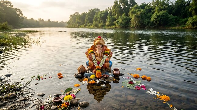 Lord Ganesha idol immersion in river during Ganesh Chaturthi festival.