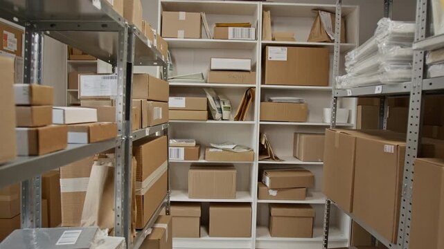 Cardboard boxes and packages sitting on metal shelves in small warehouse, camera panning to reveal organized inventory. Video is suitable for e-commerce, logistics, and supply chain marketing