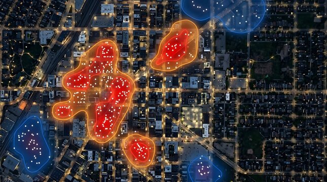 GIS satellite data analytics and urban heat map visualization showing city population density at night
