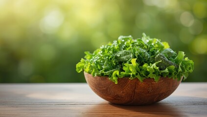 Fototapeta premium Fresh Green Lettuce in a Wooden Bowl with Soft Natural Lighting