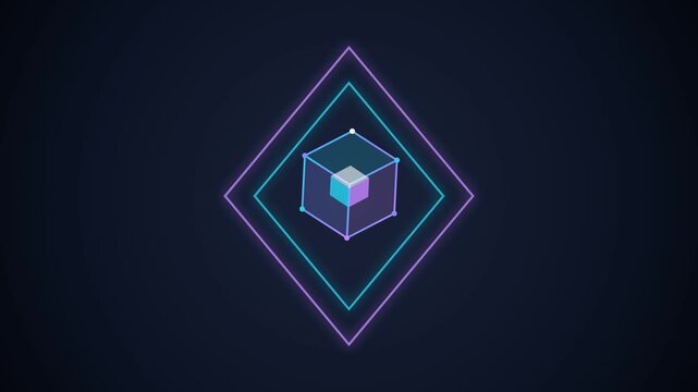 Abstract digital background featuring a glowing neon cube inside a diamond frame.