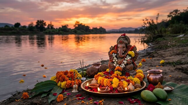 Lord Ganesha idol immersion ritual during sunset by the river.